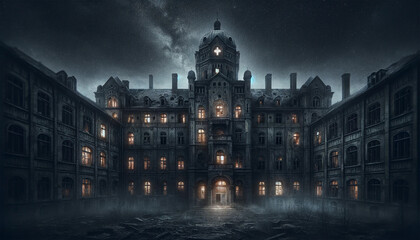 An eerie, abandoned psychiatric hospital at night, characterized by its decaying, desolate...