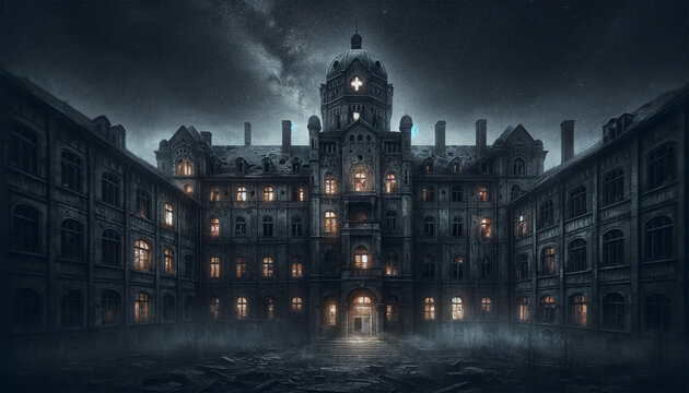 An eerie, abandoned psychiatric hospital at night, characterized by its decaying, desolate architecture.