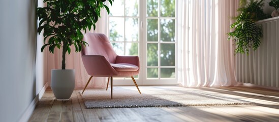 Fototapeta premium Empty, spacious room with a pink chair and rug.