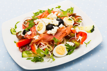 Shepherd salad – traditional Bulgarian dish. Consist of cucumbers, tomatoes, brynza (salted goat cheese) and prosciutto