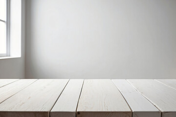 Fototapeta premium Empty white table with a blurred background and copy space