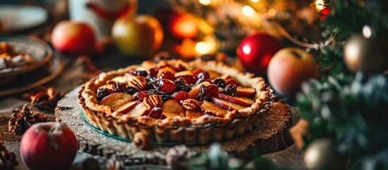 British Christmas tart filled with spiced dried fruit, nuts, and apples, on a festive table with a Christmas tree. - obrazy, fototapety, plakaty