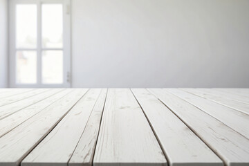 Empty white table with a blurred background and copy space