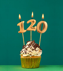 Birthday candle number 120 - Vertical anniversary card with green background