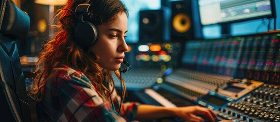 A young female singer making a new album in a music studio.