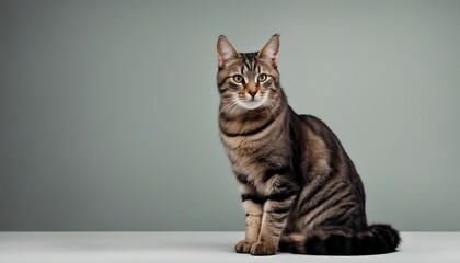 Obraz premium Portrait of a tabby cat sitting on a gray background.