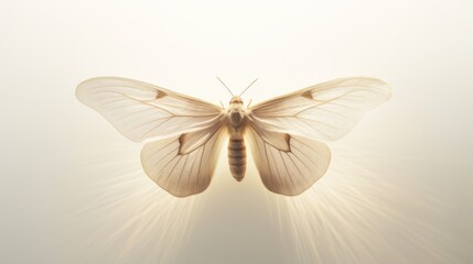  a close up of a white butterfly on a white background with beams of light coming from it's wings.