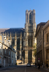 Scenic view of impressive Roman Catholic Reims Cathedral famous by rich lacy Gothic architecture...