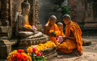 Monks offering flowers at the feet of a Buddha statue