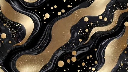 Deurstickers The image depicts a luxurious abstract marbling pattern with flowing black and gold swirls, accented with hints of pink, creating a sense of opulent movement. © CreativeVirginia