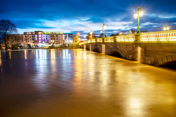 Worcester Bridge and record high river water levels,on the River Severn,after winter rains and...