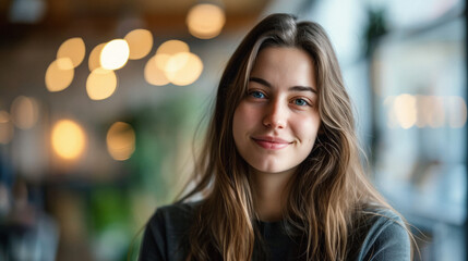 Obraz premium Great portrait of a woman. Blurred Office Background. Casual dressed. Relaxed smile.