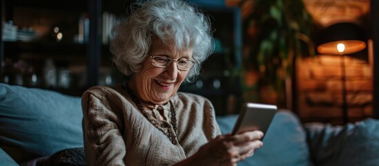 Elderly woman embracing technology for social connection. - obrazy, fototapety, plakaty