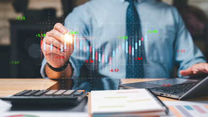 Broker, stock concept. Navigating the dynamic stock market involves analyzing graphs and charts, assessing rates and risks, whether in a bullish or bearish market, and evaluating IPO opportunities