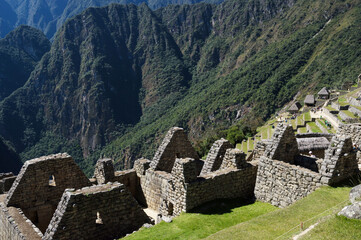 Terraces and preserved stone-built buildings at Machu Picchu in Peru