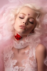 Portrait of a beautiful blonde girl with closed eyes in rapture surrounded by pink mist. A red rose lies on her neck. On her forehead is a small chocolate heart. Symbols of Valentine's Day. Concept.