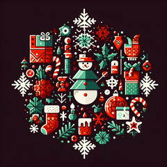 A circular pattern of christmas objects