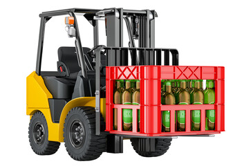 Forklift truck with beer crate, 3D rendering isolated on transparent background