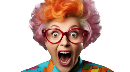 Woman With Purple Hair and Glasses Making Funny Face. waouh.