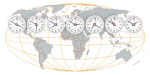 World Time zone concept, Timezone wall clocks. 3D rendering isolated on transparent background