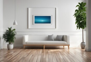 Minimalistic white living room Sofa plants and artwork on the wall
