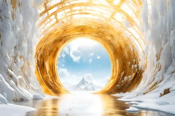 A golden portal amidst a liquidskycolor and white dreamscape.