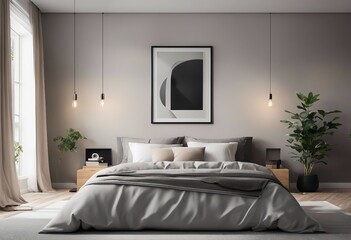 Mock-up frame for images and posters in modern 3D interior bedroom 