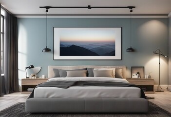 Blank poster on the bedroom wall Modern interior design concept
