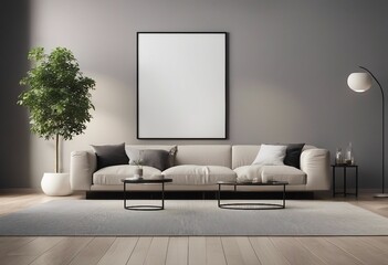 Blank poster mock-up on the living room wall 3D interior concept