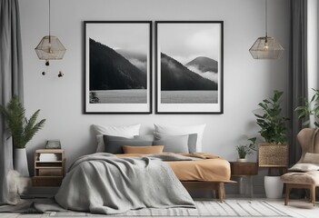 Two mock-up frames for images and posters in 3D interior bedroom 