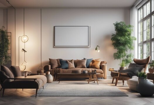 Mockup blank frame on the wall of hipster living room 3D rendering