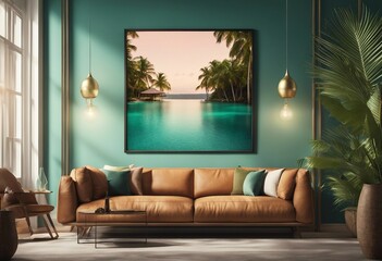 Mock up poster frame in tropical interior background modern Caribbean style