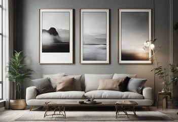 Three framed posters on the wall in modern interior background living room Scandinavian style 3D render