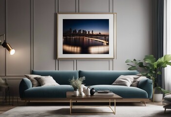 Luxurious apartment background with contemporary design blue sofa table plant and artwork on the wall