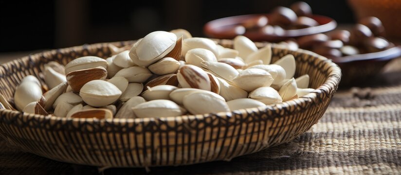 Balut, a Filipino delicacy, served on a woven tray with peanuts.