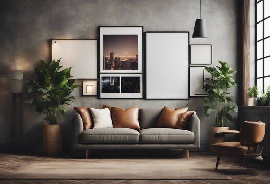 Several mock up poster frames in hipster interior background 3D render