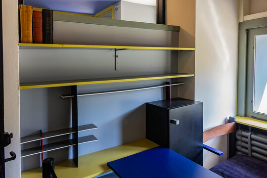 Interior of Rietveld Schroder House (1925): historic home architecture, designed by Gerrit Rietveld part of Dutch De Stijl art movement. World Heritage Site. Utrecht, the Netherlands. July 30, 2022.