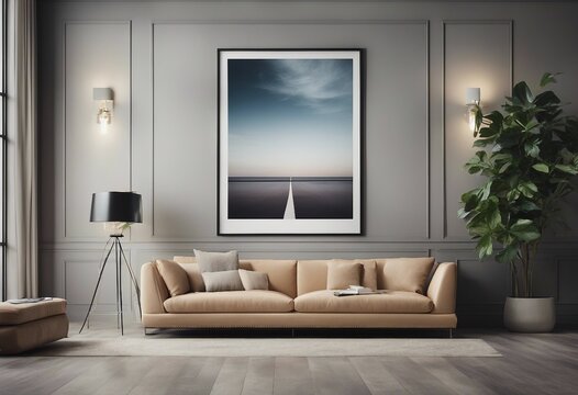 Mock-up image frame and canvas in gallery interior background with beige sofa