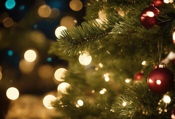 Obraz na płótnie Canvas Christmas tree closeup with blurred lights behind