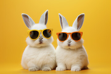 Dos lindos conejitos blancos con gafas de sol sobre fondo amarillo.concepto pascua