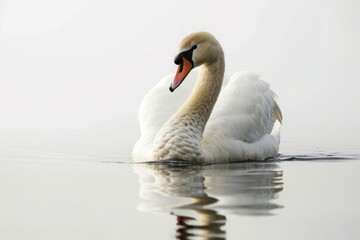 Fototapeta premium A serene white swan reflected on calm water, its elegant form a symbol of grace and beauty in nature.
