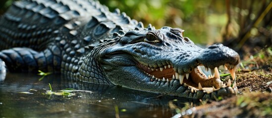 Crocodile in Tulum, Mexico, showing teeth and eating raw meat near a lake with murky water and grass. Strong jaws.