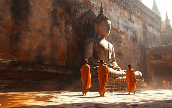 Monks in saffron robes walking past a large Buddha statue, in quiet reverence