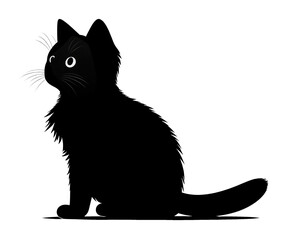 An isolated black silhouette of a cute cat on a white background.
