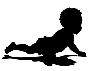 An isolated black silhouette of a baby.