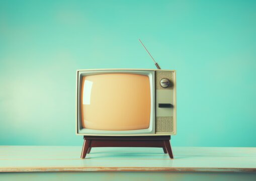 Old retro colorful TV receiver on pastel color wall background. 
