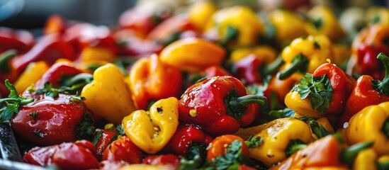 Fototapeta na wymiar Mixed and chopped colored peppers.