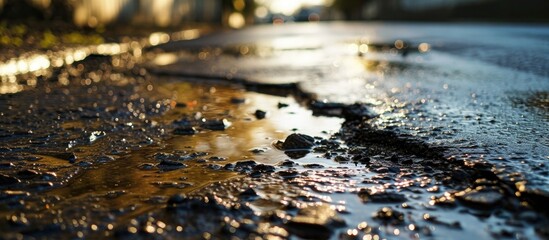 Part of the paved road is obstructed by car waste, including engine oil stains.