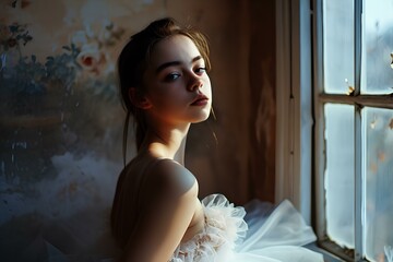 An elegant and lovely teenage girl in a ballerina outfit. dressed a white tutu. generative AI