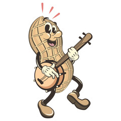 vector vintage illustration of cute peanut character mascot playing banjo - obrazy, fototapety, plakaty